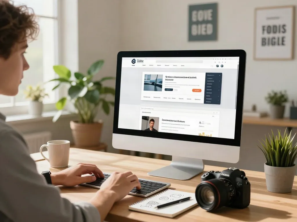A person engaging with a computer, exploring different webpages in a modern home office.