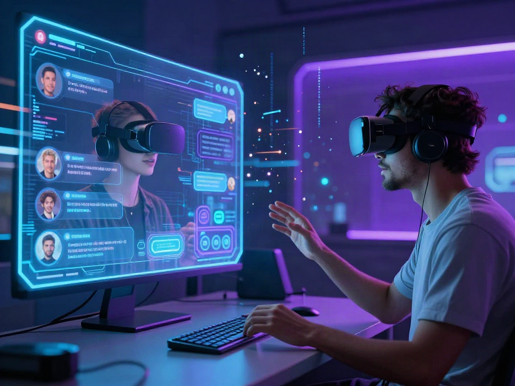 Engaging porn ai chat scene with futuristic avatars in a digital chat room, showcasing innovative interaction and technology.