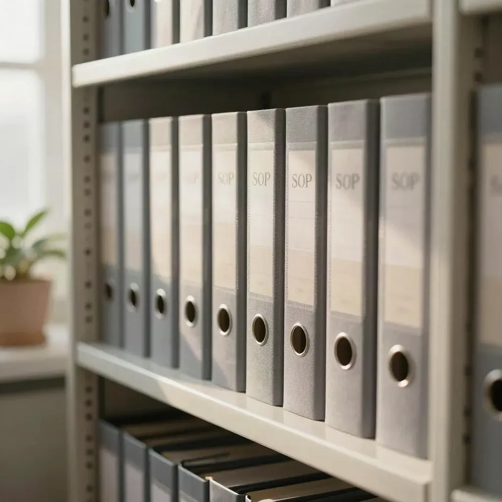 Open archive shelf with SOP binders, a ceramic clip dish and a small plant in soft morning haze.