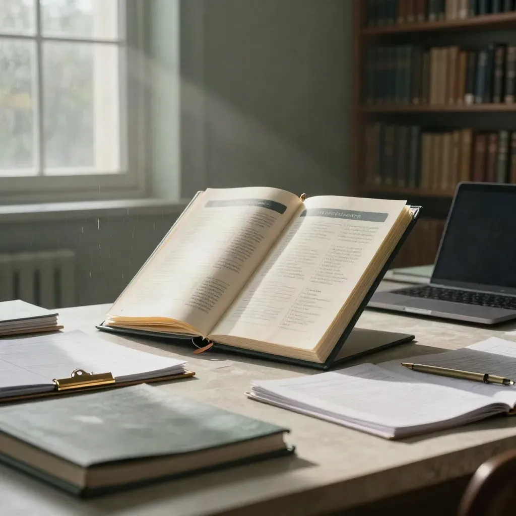 SOP binders, template cards and a closed laptop on pale stone in moody window light.
