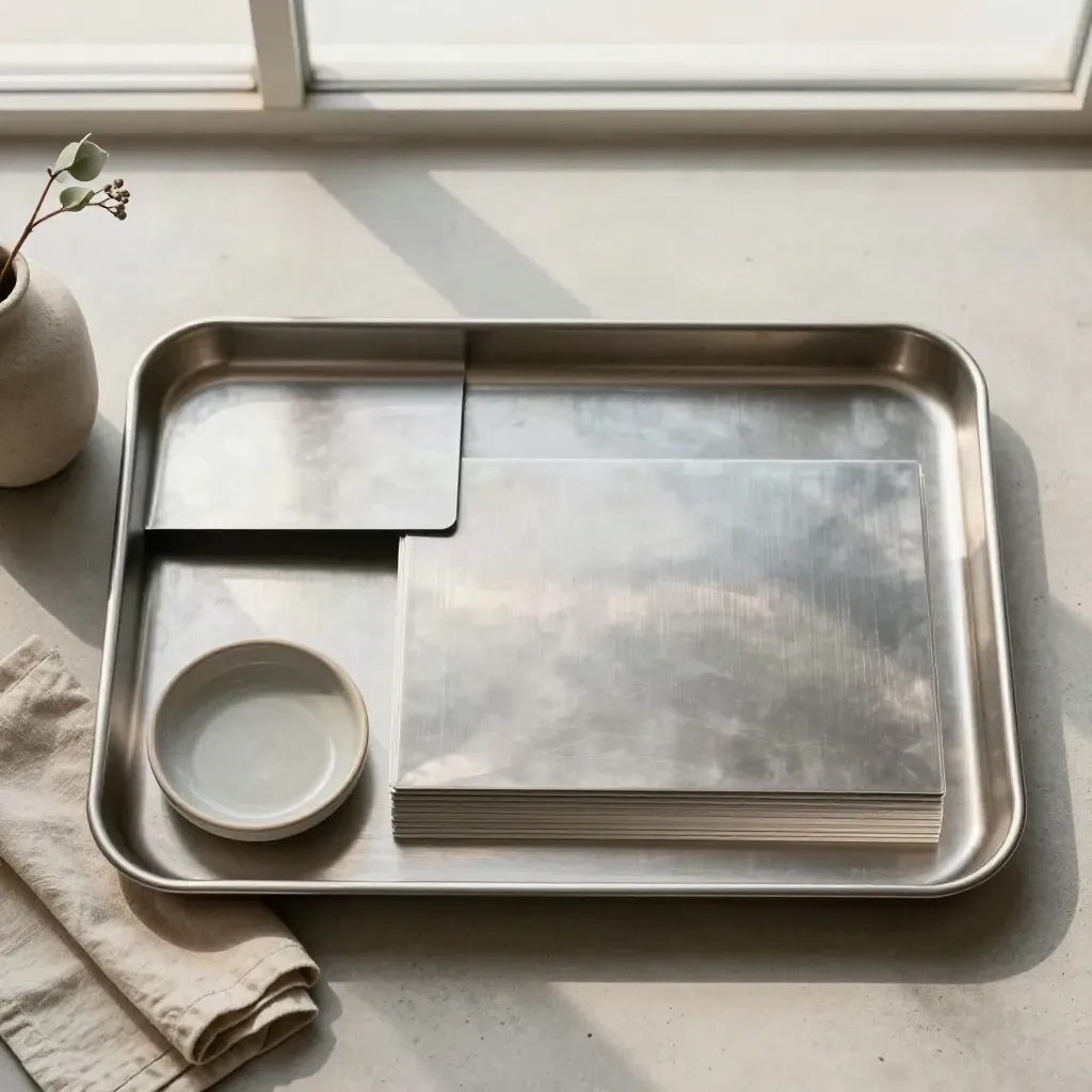 Overhead steel ops tray with staggered divider pack, linen cloth, ceramic dish and stone vase.